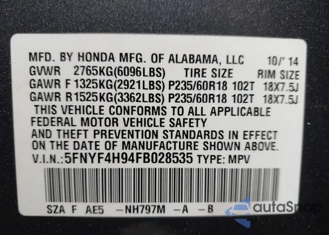 2015 Honda Pilot Touring z USA, uszkodzony, nr VIN 5FNYF4H94FB028535